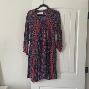 Natalie Martin Navy and Rust Floral Long Sleeve Midi Dress
